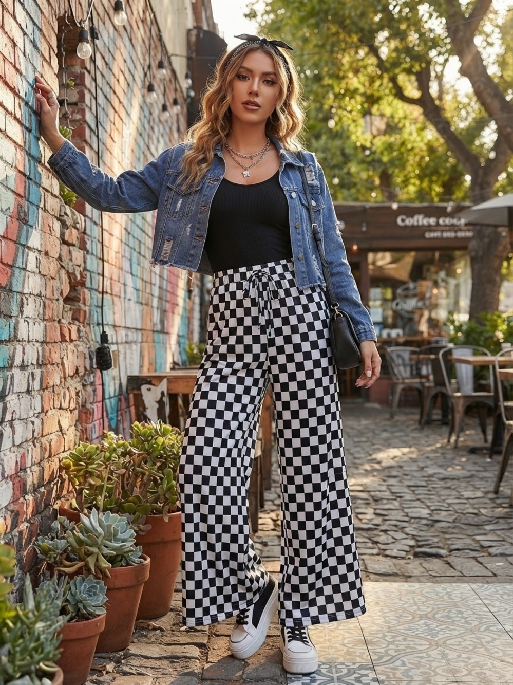 Checkerboard Wide-Leg Pants — Black & White
